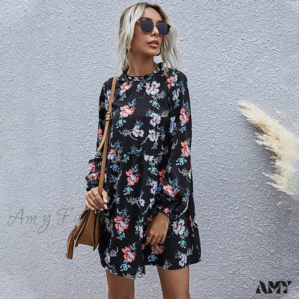 Women's Trendy Outfit Amy Fashion - Casual Full Sleeve High Waist Loose Print Dress