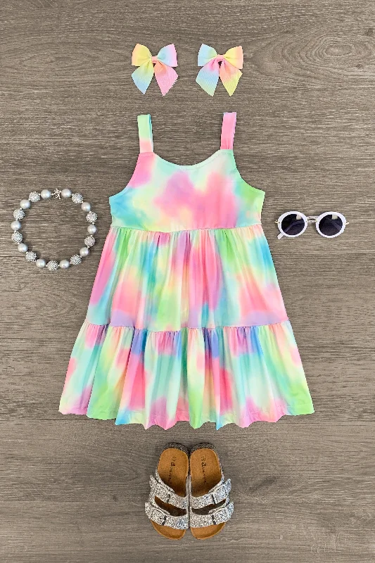 Outlet Clothing Pastel Tie Dye Tiered Tank Dress