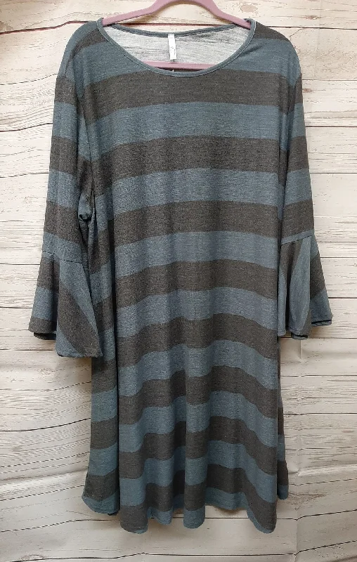 Latest Fashion for Women Blue Gray Stripe Dress w Bell Sleeves