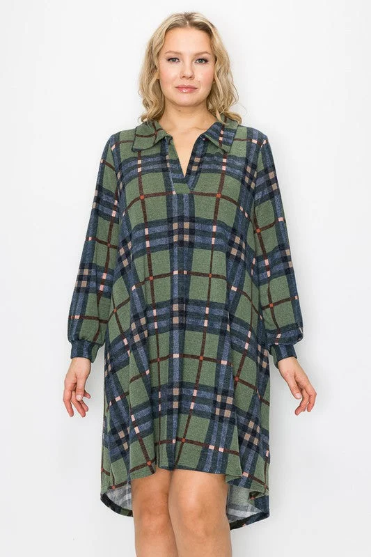 Stylish Dresses for Women PSFU Tartan Green Blue Plaid V Neck Collar Dress