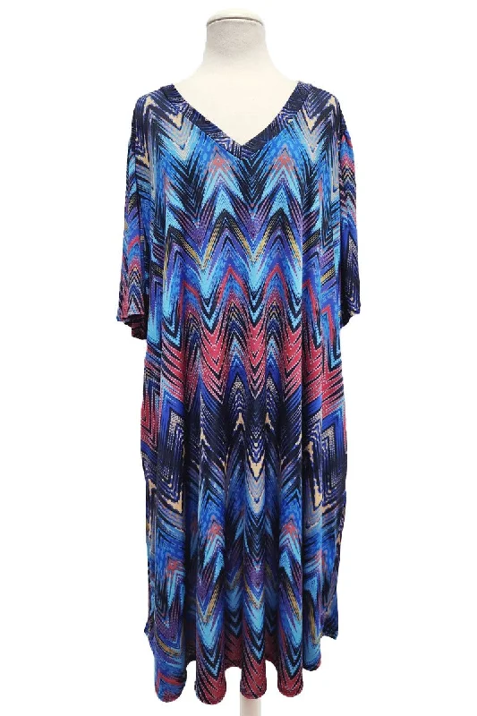 Women's Fashion Clothing Multi Color Blue Chevron Style Print Dress w Pockets