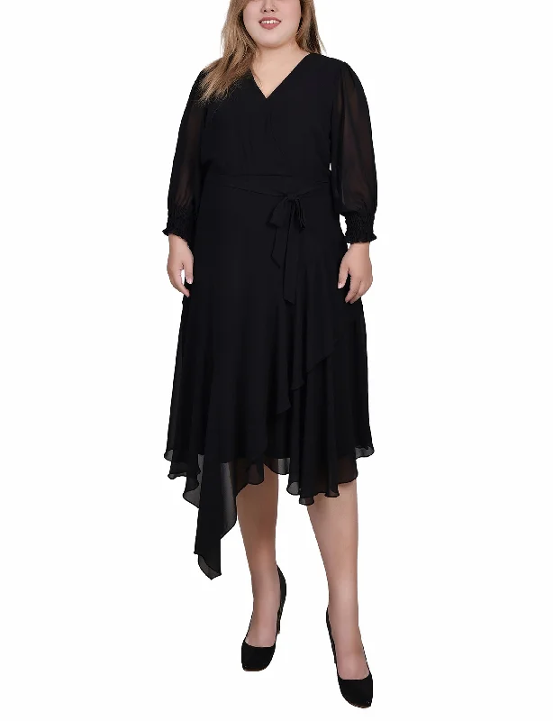 Early Bird Offer Plus Size 3/4 Sleeve Belted Chiffon Hankerchief Hem Dress