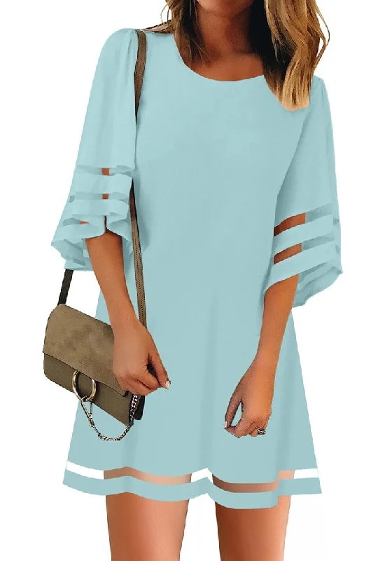 Timeless Women's Clothing Air Blue Women Casual Crewneck Mesh Panel 3/4 Bell Sleeve Loose Tunic Dress