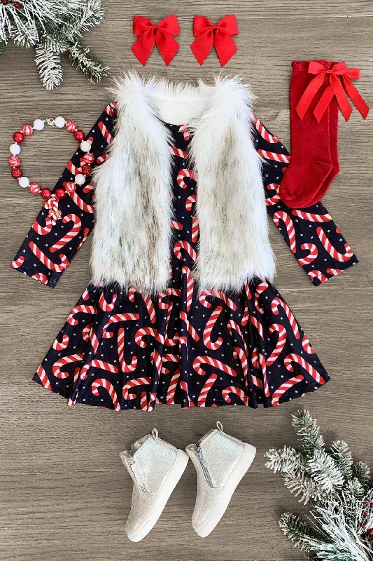 Comfortable Casual Wear Black Candy Cane Winter Dress