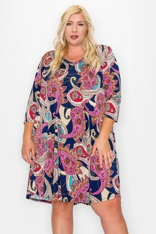 Plus Size Women's Fashion and Clothing Navy Paisley Dress 3Qtr Sleeves