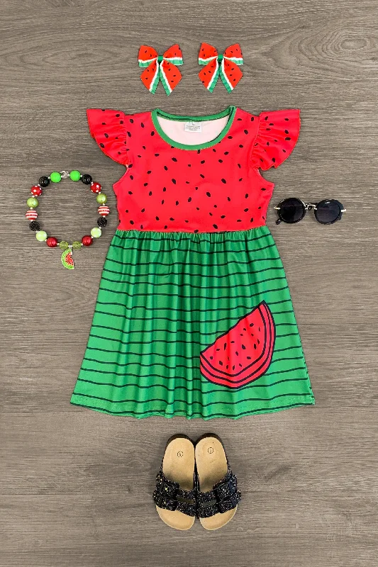 Bundle Offer Watermelon Ruffle Sleeve Stripe Dress