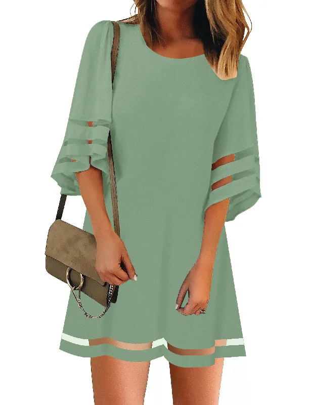 Women's Seasonal Clothes Granite Green Women Casual Crewneck Mesh Panel 3/4 Bell Sleeve Loose Tunic Dress