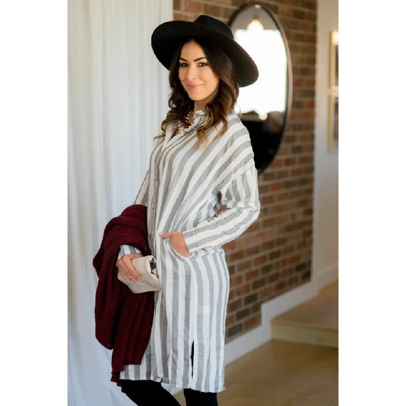 Clothing Store Vertical Striped Button Up Dress - Grey