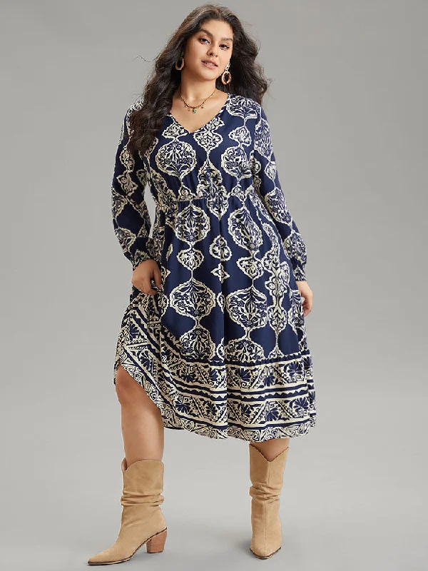 Chic Wardrobe Moroccan Print Shirred Cuffs Pocket Dress