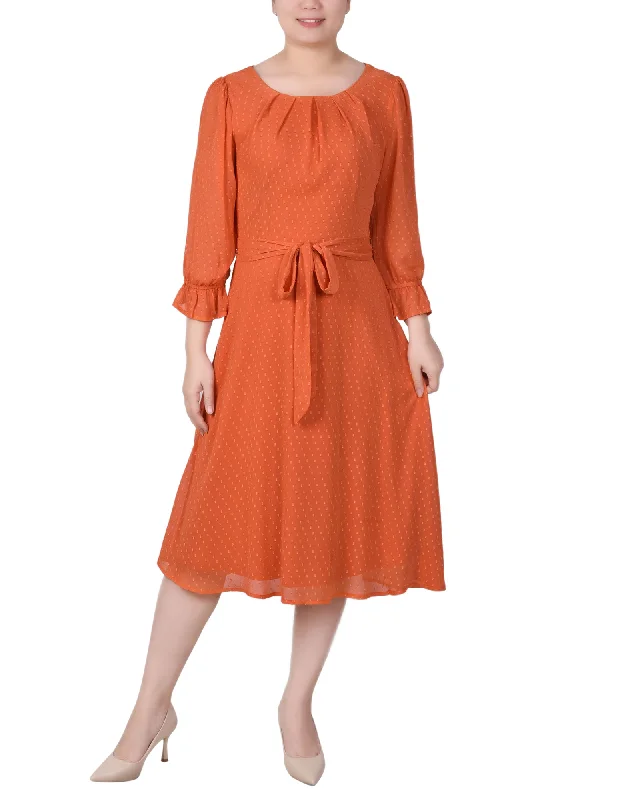 Women's Cozy Outfit For Lounging 3/4 Sleeve Belted Swiss Dot Dress