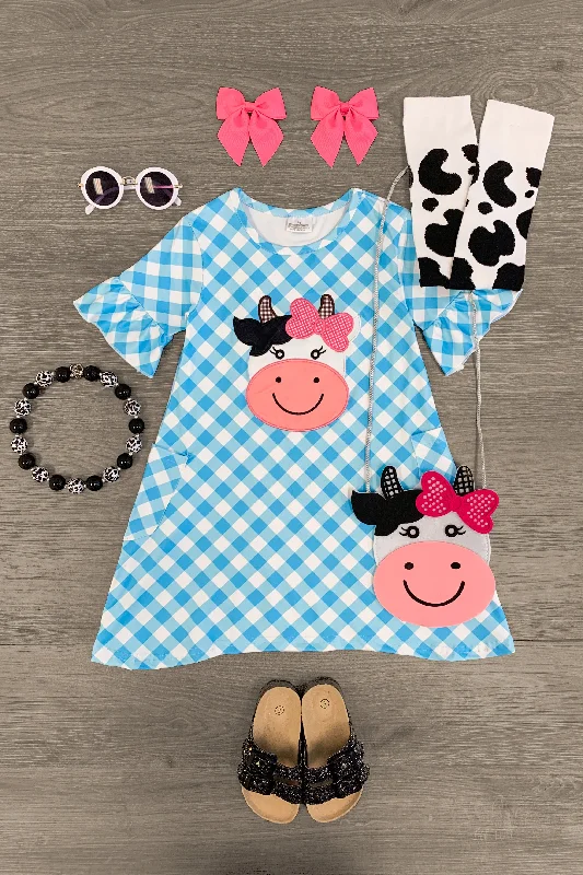 Imeless Style Blue Gingham Cow Dress