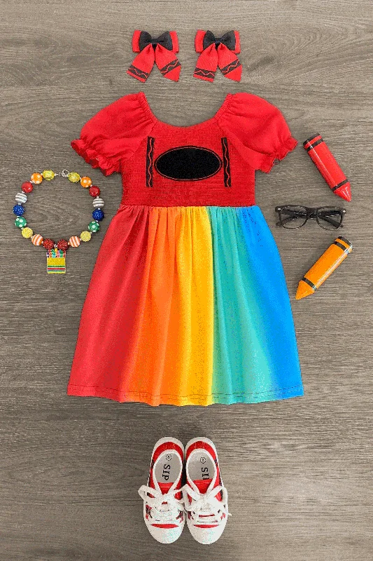 Comfy Women's Outfits for Daily Wear Red Rainbow Crayon Dress