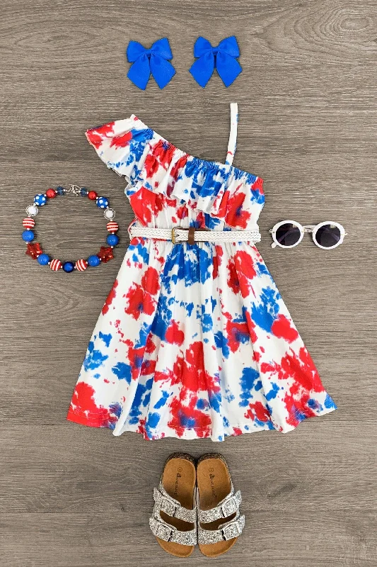 Chic & Cozy Apparel American Tie Dye Cold Shoulder Belt Dress