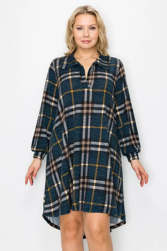 Casual Women's Clothing Deep Aqua Deep Yellow Tartan Plaid Dress w Collar