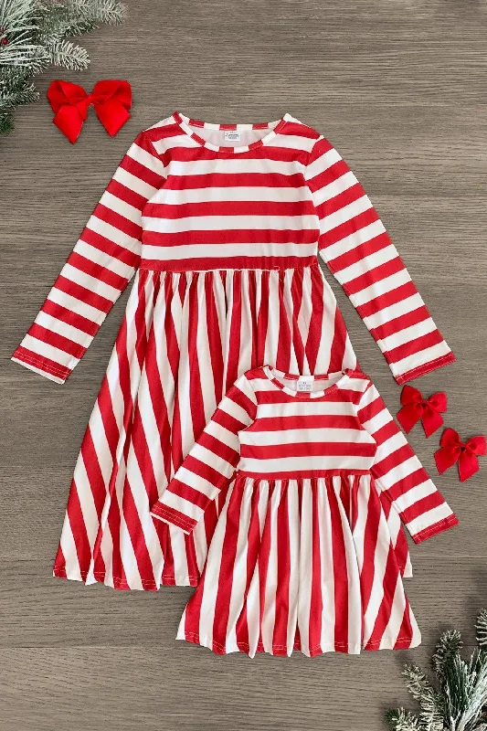 Stylish Women's Outfit Mom & Me - White & Red Striped Dress