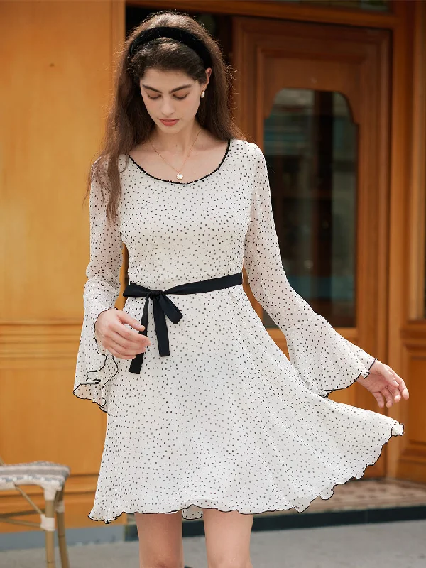 Women's High-End Clothing 【Flash Sale】Rylan Polka Dot Contrasting Color Round Neck Bell Sleeve Dress