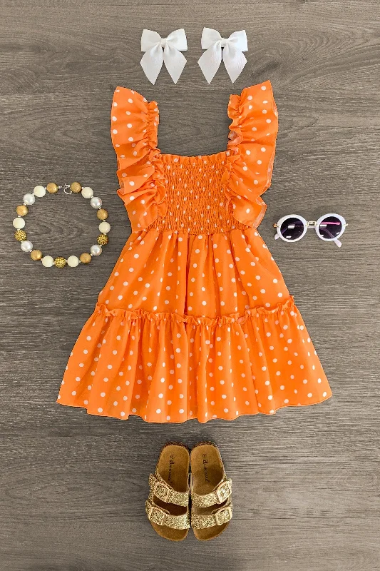 Luxury Women's Clothing Orange Polka Dot Ruffle Dress