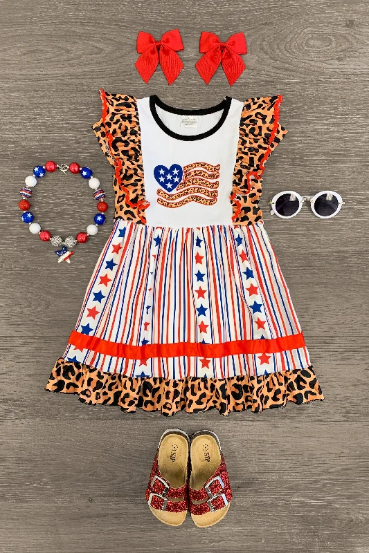 Street Style Fashion Cheetah American Flag Dress