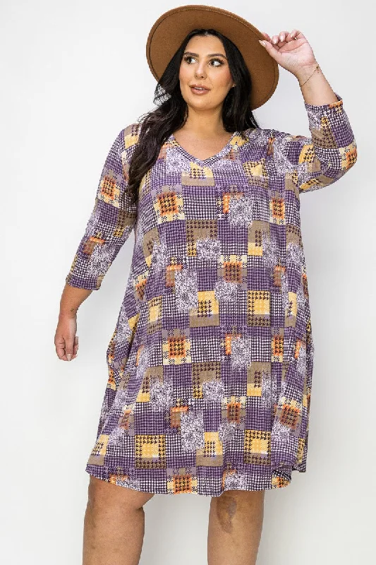 Women's Office Clothing Purple Orange Patchwork Dress 3 Qtr Sleeves and Pockets