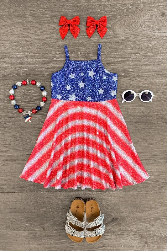 Luxury Fashion American Flag Faux Glitter Dress