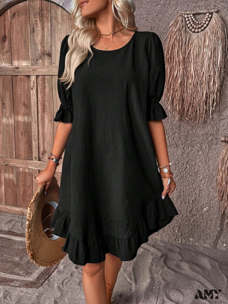 Clothing For Women Amy Fashion - Solid Ruffle Hem Smock Dress