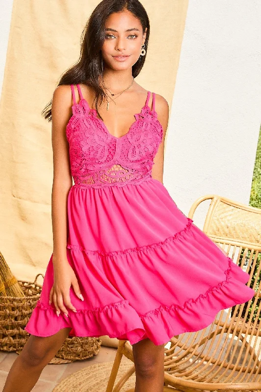 Classic Women's Fashion Wild And Free Tiered Dress - Fuchsia