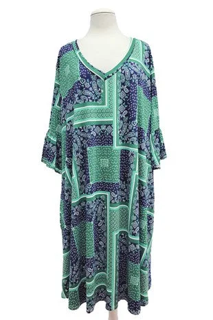 Women's Online Clothing Boutique Green Blue Paisley Patchwork Dress