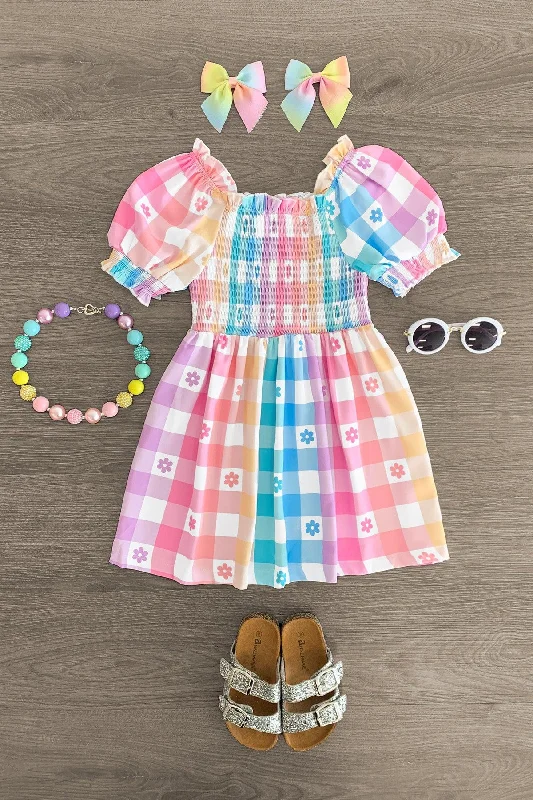 Premium Fashion Pastel Rainbow Gingham Flower Dress