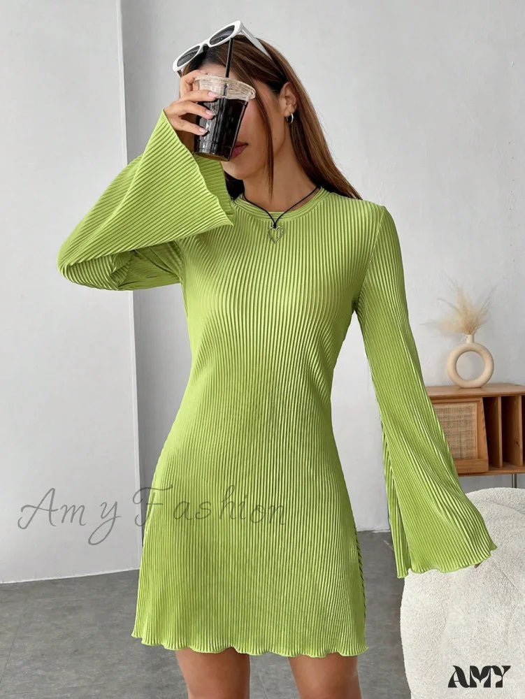 Modern Women's Wardrobe Essentials Amy Fashion - Lettuce Trim Trumpet Sleeve Ribbed Knit Dress