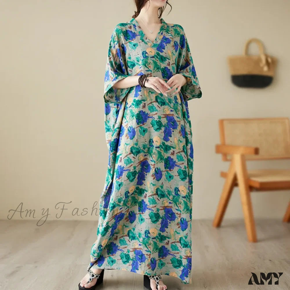 Women's Elegant Garments Amy Fashion - Green Red Cotton Linen Print Batwing Sleeve Retro Boho Dress