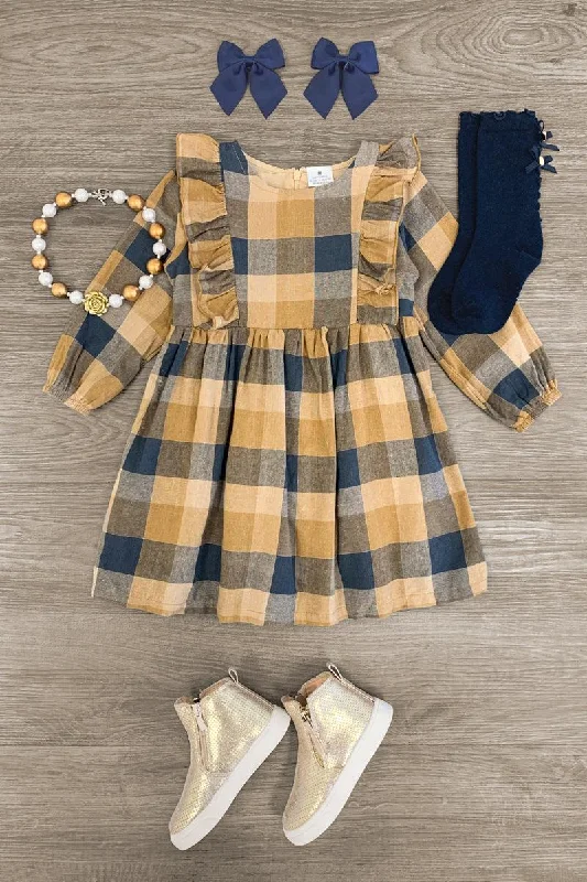 Vintage-Inspired Garments Tan Gingham Ruffle Dress