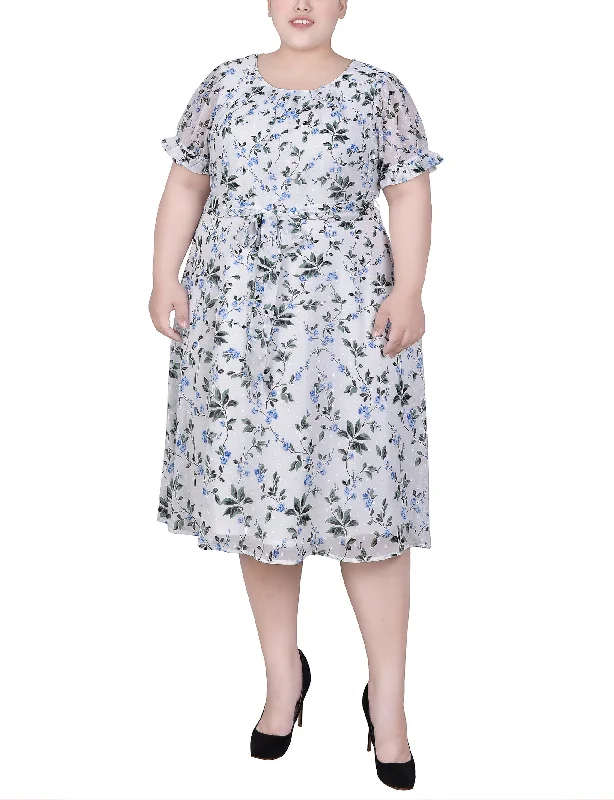 Charming Women's Outfit For Special Occasions Plus Size Short Sleeve Belted Swiss Dot Dress