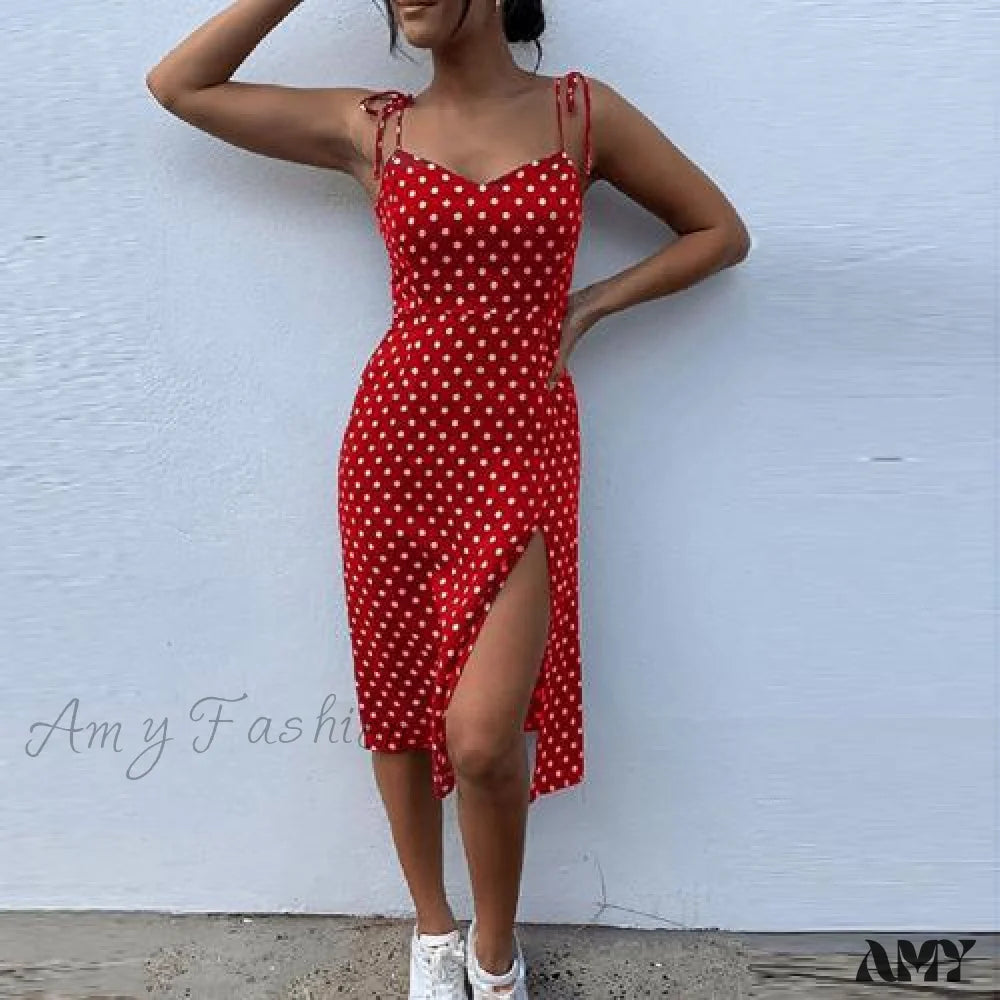 Sale Clothes Online Amy Fashion - Lace Up Polka Dot Split Hem Backless Dress