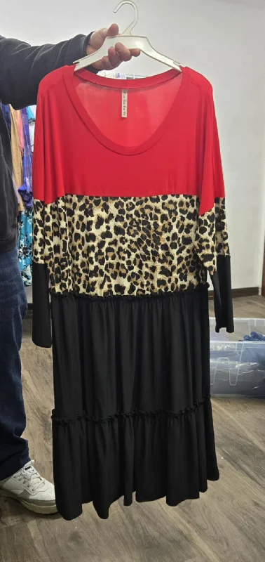 Women's Outerwear Garments PSFU Red Leopard Black Dress