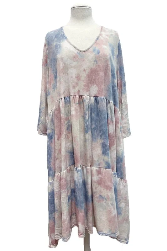 Comfortable Outfit For Women Tiered Ruffle Tie Dye Dress with 3Qtr Sleeves