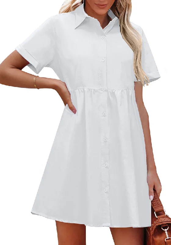 Women's Contemporary Clothing Brilliant White Women's Short Sleeve Button Down Babydoll Dress A-Line Tunic Dress