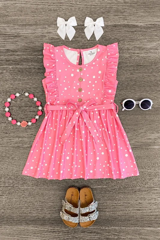 Fashion-Forward Women's Clothing Pink Polka Dot Ruffle Tie Dress