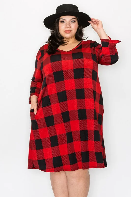 Fashion-forward Women's Clothing Red & Black Buffalo Plaid Dress