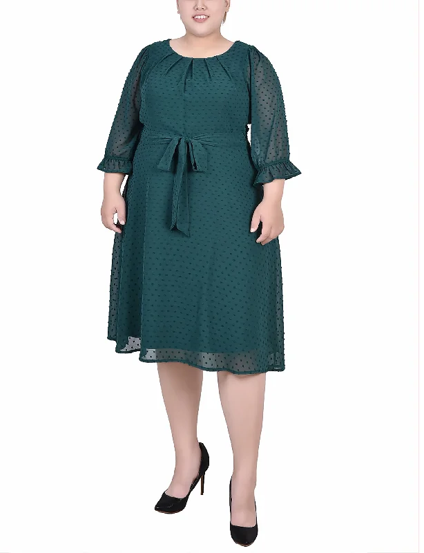 Women's Garments Plus Size 3/4 Sleeve Belted Swiss Dot Dress