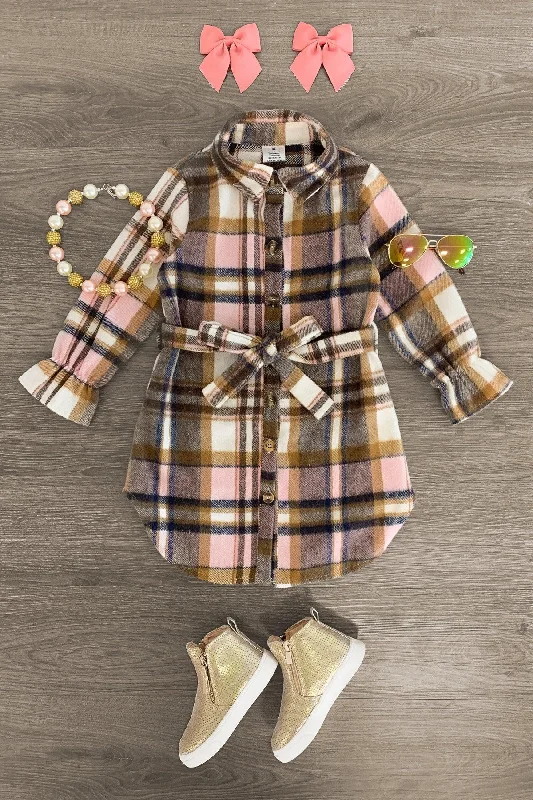 Casual Women's Clothing Pink & Brown Plaid Button Flannel Dress