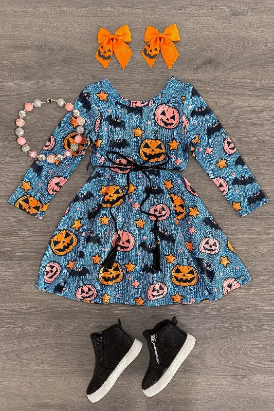 Comfortable Clothes Denim Faux Embroidery Jack-O'-Lantern Dress