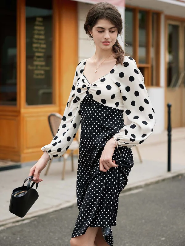 New Arrival Discount 【Final Sale】Saanvi Elegant Square Neck Polka Dot Stitching Balloon Sleeve Dress