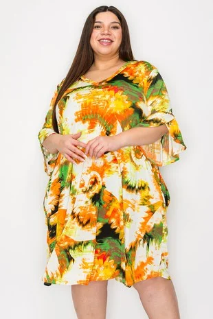 Women's Elegant Garments Orange Yellow Green Tie Dye Dress