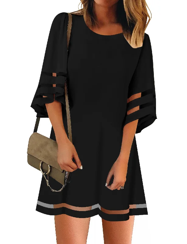 Wardrobe Upgrade Black Women Casual Crewneck Mesh Panel 3/4 Bell Sleeve Loose Tunic Dress