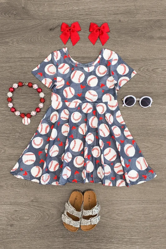 Women's Clothing For Travel Gray Baseball Hearts Dress