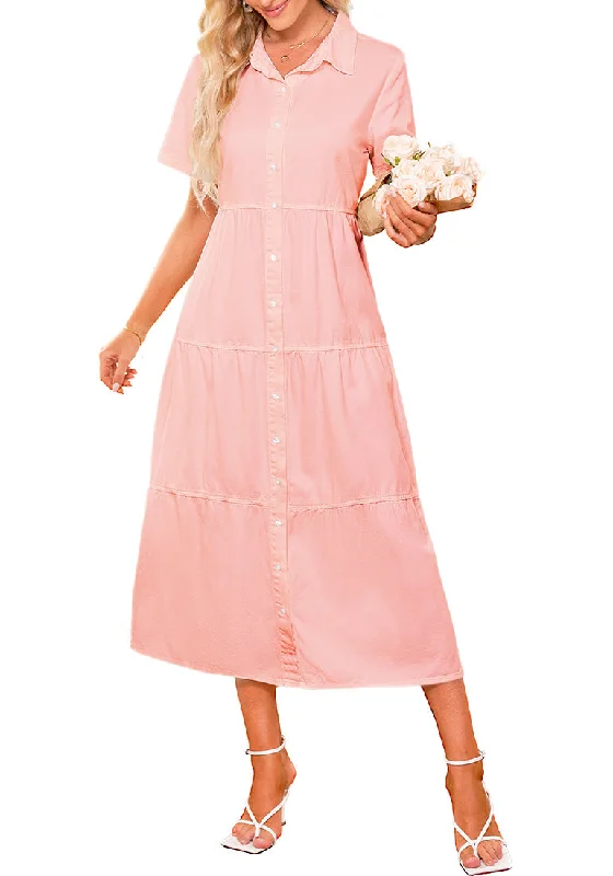 Women's Vintage-Inspired Clothing Gossamer Pink Women's Button Down Casual Babydoll Vacation Denim Long Dresses