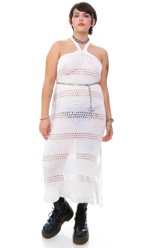 Women's Clothing Stores Vintage Y2K White Crochet Knit Halter Dress - M/L