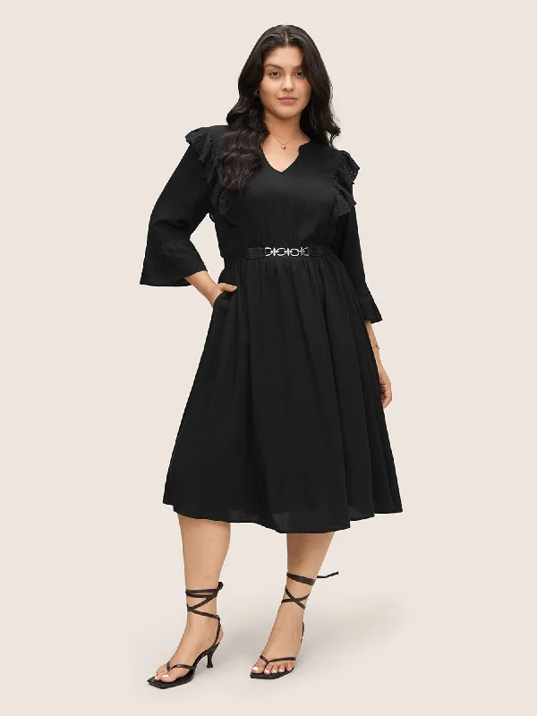 Casual Chic Women's Clothes Solid Laser Cut Flutter Trim Bell Sleeve Dress