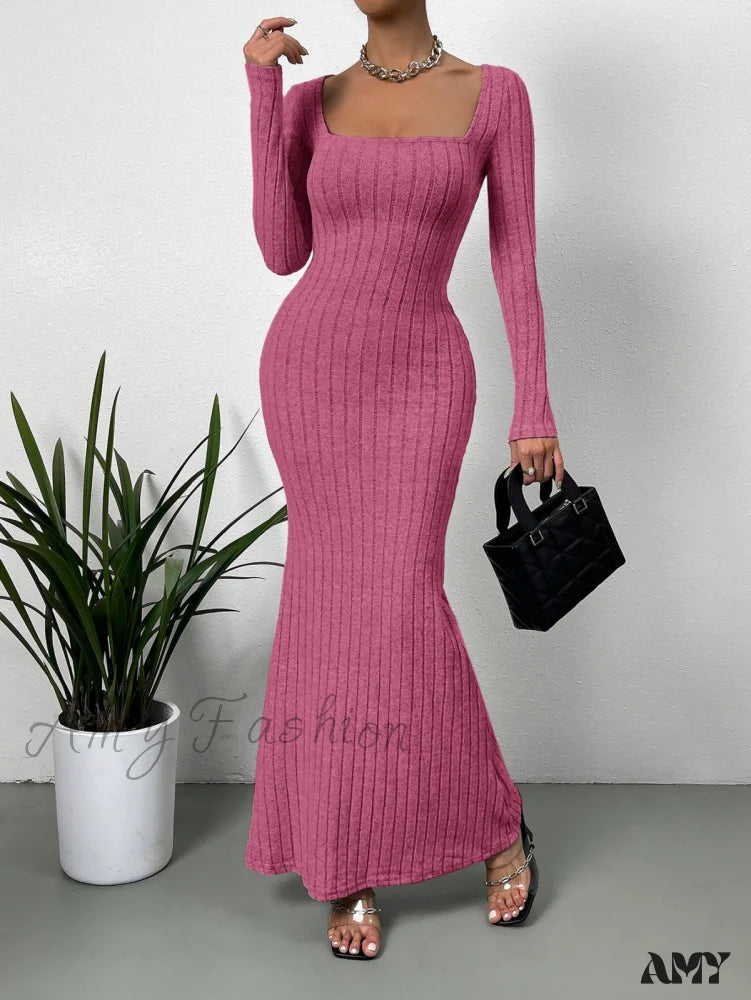 Women's Holiday Clothing Amy Fashion - Square Neck Ribbed Knit Mermaid Hem Dress