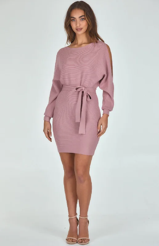 Early Bird Offer Boat Neckline Knit Dress With Cut Out Sleeve Detail